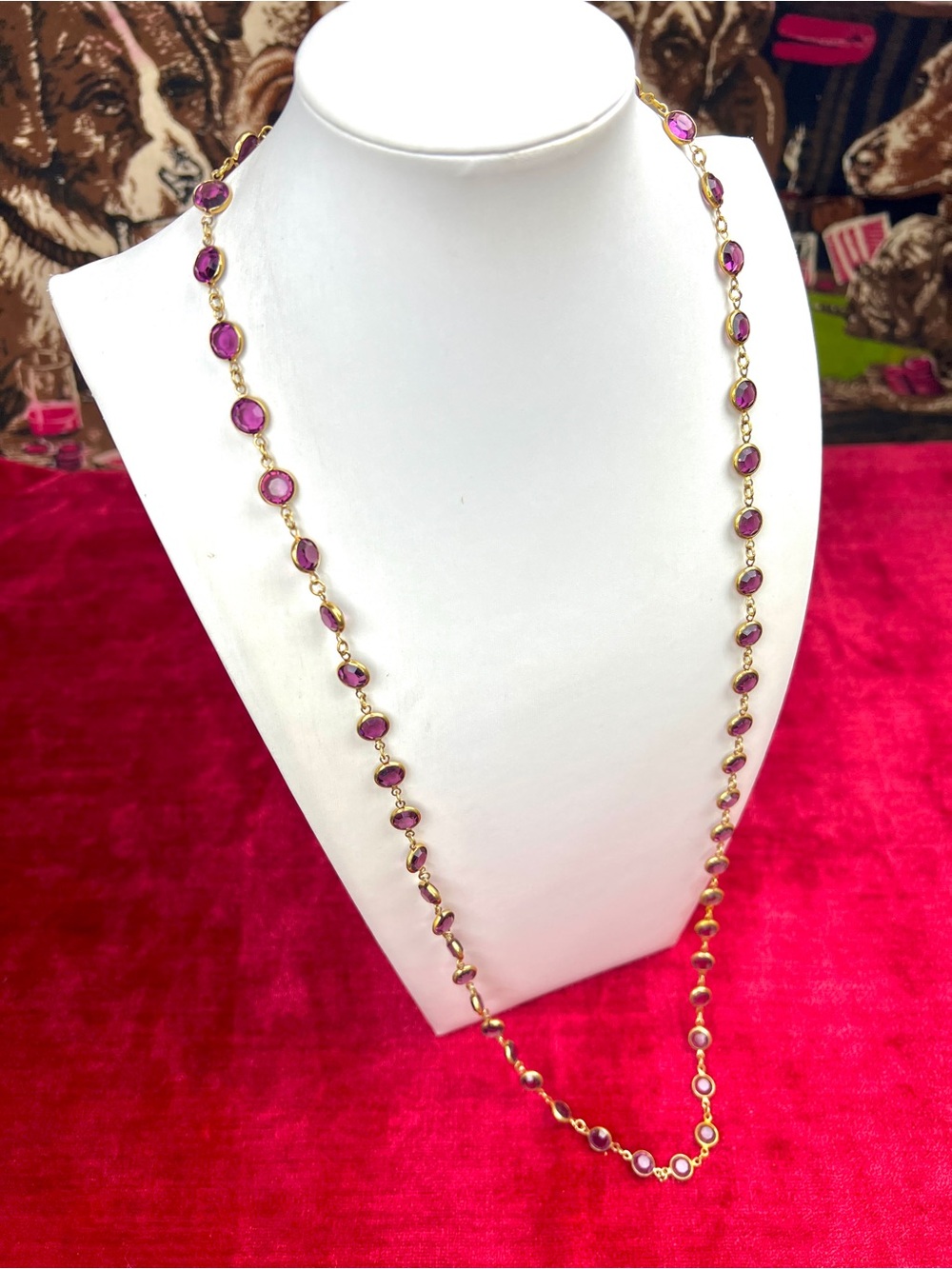 Vintage Swarovski Purple Crystal Coin Necklace, Gold Tone Bezel Set 36” SIGNED
